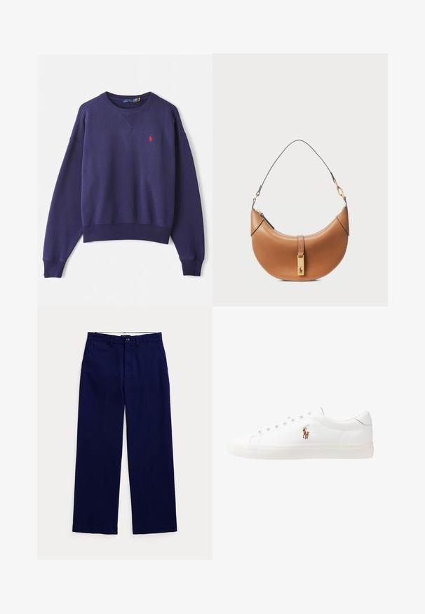 Tamsiai mėlynas džemperis, pagamintas iš medvilnės mišinio, su įrumbuotais rankogaliais ir apvadu, V formos iškirpte ir mažas raudonas logotipas ant krūtinės.; Tamsiai mėlynos tiesaus kirpimo kelnių su diržo kilpomis, mygtuko uždarymu ir šoninėmis kišenėmis ant vienodos šviesios fono.; Baltos odinės sportbačiai, žemo profilio, su lygia tekstūra, apvalia nosimi, raištelių sistema priekyje ir mažyte siuvinėta logo šone.; Šviesiai rudos odos rankinė su kreiva forma, auksiniais aksesuarais ir plonu petiniu diržu. Yra užtrauktuko uždarymas ir logotipo detalė priekyje.