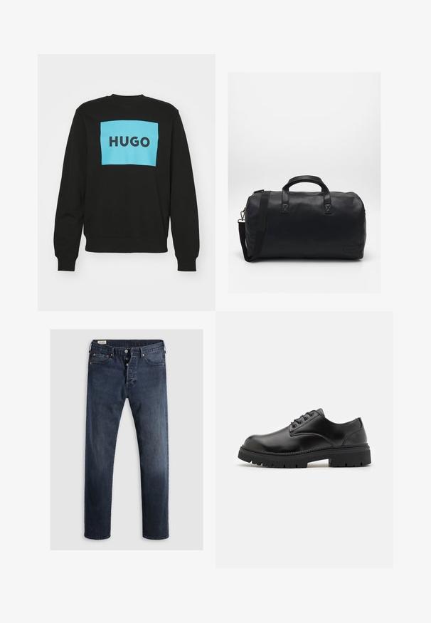 HUGO DURAGOL - Sweatshirt - black; Schwarzes Hemd mit Knopfverschluss, aus Baumwolle gefertigt, mit spitzem Kragen, langen Ärmel und einer Brusttasche mit einem kleinen, farbigen Logo gestickt.; Dunkelblaue Denim-Jeans mit geradem Bein, ausgestattet mit einem Reißverschluss, Metallknöpfen und Kupfernieten. Glatte Textur, keine sichtbaren Muster.; Schwarze Lederschuhe mit runder Zehenform, Schnürdesign und einer dicken, strukturierten Gummisohle. Sie verfügen über eine Naht entlang des Randes und haben eine glatte Oberfläche.; Schwarze Duffel-Tasche aus strukturiertem Kunstmaterial. Verfügt über zwei Griffe und einen verstellbaren Schultergurt. Einfaches Design ohne sichtbare Muster.