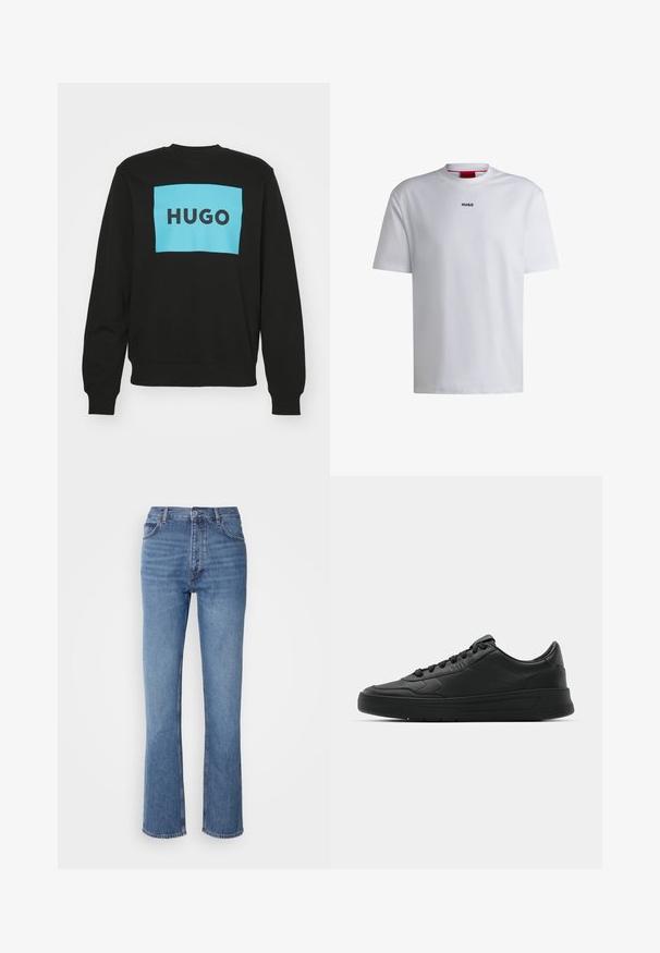 HUGO DURAGOL - Sweater - black; Witte katoenen t-shirt met korte mouwen, ronde halslijn en een zwart "HUGO" logo op de borst. Gladde textuur, casual pasvorm, geen patronen.; Blauwe denim jeans met een hoge taille, een recht pasvorm en subtiele vervaging. Kenmerkt zich door de klassieke vijf-pocketstijl en een ritssluiting.; Zwarte sneaker met een glad leren bovenwerk, ronde neus, platte veters, gewatteerde kraag en minimalistisch design. Rubberen zool met een subtiel profiel.