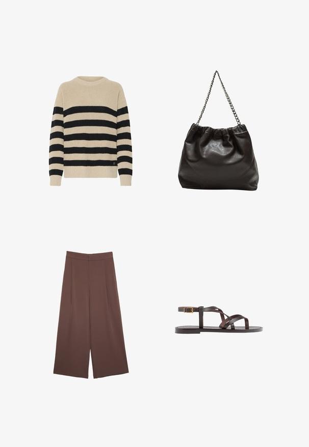 Pruhovaný svetr v béžové a černé barvě, s kulatým výstřihem, dlouhými rukávy, žebrovanými manžetami a texturovaným pleteným vzorem. Obsahuje detail loga.; Hnědé široké kalhoty s hladkou texturou, vysokým pasem a předními záhyby. Materiál je lehký a volně splývá.; Hnědé kožené sandály s kříženými pásky, uzavřením na přezku u kotníku a plochou podrážkou s minimem švů.; Hnědá kožená taška se sbíraným vrškem a řetízkovým popruhem. Hladký povrch s lesklým finišem a jemným švem na bocích.