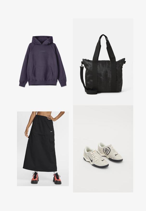 Pegador CLARITA - Sweater - washed indigo blue gum; Zwarte sportieve maxi rok met elastische tailleband, voorzien van een voorzak en een Nike-logo. Draag het met kleurrijke sportieve schoenen.; Nike sneakers met een beige en grijze textuur bovenkant, zwarte accenten, een groot "90" logo en een witte vetersluiting. Zwarte zool.; Zwarte tote bag van textuurstof, met dubbele handgrepen aan de bovenkant en een afneembare schouderband. Voorzien van een ritssluiting voor veilige opslag.