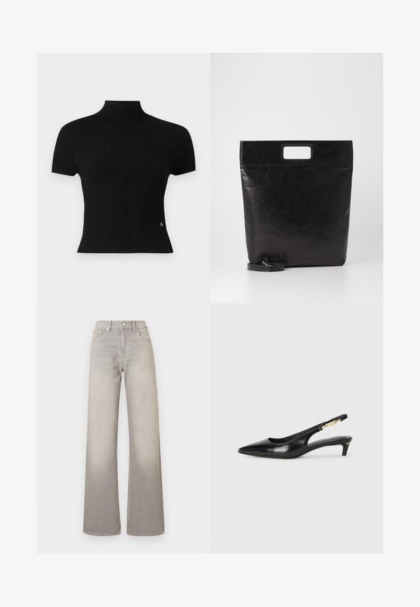 Black short-sleeve ribbed top with a high neck, featuring a fitted silhouette and a subtle logo accent at the waist.; Gray wide-leg jeans with a faded finish, button closure, five-pocket design, and stitched detailing along the seams.; Black leather slingback heels with a pointed toe, featuring a slim heel and a gold-tone accent on the adjustable strap. Smooth texture.; Black leather tote bag with a square handle, featuring a textured finish and embossed logo. Includes a detachable strap.