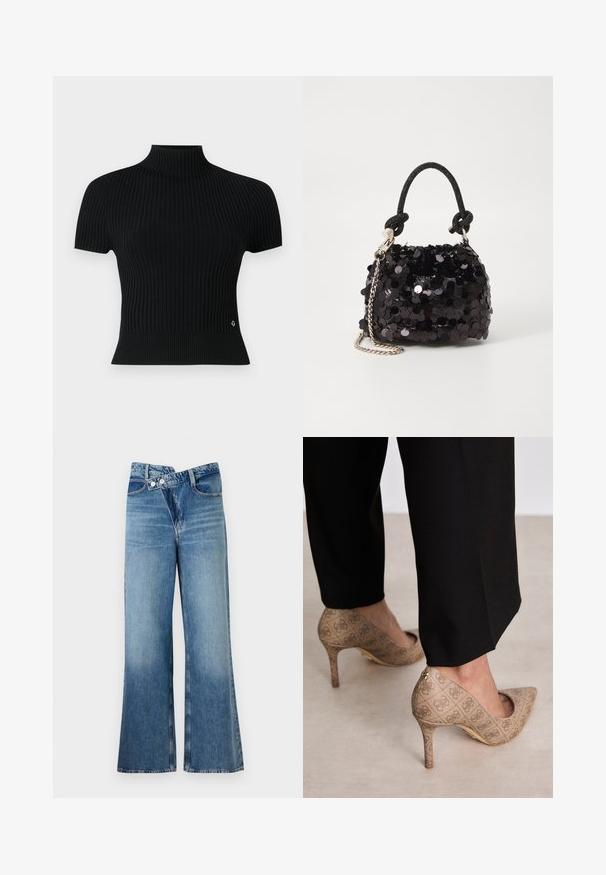 Musthave musta lühikeste varrukatega ribikoes särk kõrge kaelusega, millel on vormiv siluett ja õhuke logo aktsent vööl.; Heledad sinise denimi laienevad teksad kõrge vöökohaga, millel on kaks nööpi ja eesnahk. Kangas on tuhm tekstuuriga, kus on kergeid varieeruvaid toone.; Beige kõrged kontsad, mis on valmistatud tekstureeritud kangast, millel on korduv muster. Terava nina disain tagakülje aktsendi ja kuldse kontsiga.; Must have mustrõngus mustal sädelev mini käekotil on sõlme tekstuuriga rihm ja hõbedane ketis. Ümar kuju, kokku kogutud ülaosa ja peegeldav detail.