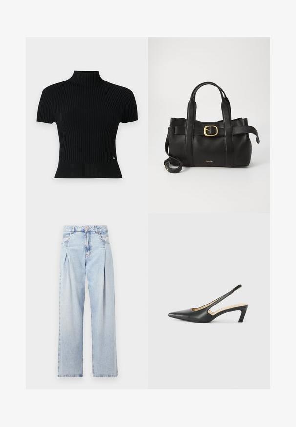 Črn kratkosleeven rebrast majica z visokim ovratnikom, ki se ponaša s prilegajočo silhueto in diskretno logotipno akcentacijo na pasu.; Svjetloplave traperice visoko struka, širokog kroja, s dva bočna djepa i naboranim dizajnom. Mekana tekstura s izblijedjelim završetkom.; Črne čevlje s koničastimi nosovi in slingback obliko z nizko peto, izdelane iz gladke usnjene materiale ter s črtasto zasnovo na strani za prezračevanje.; Črna usnjena torba s strukturirano zasnovo, dvojni zgornji ročaji, zlato-tonirni zaponka kot dodatek in vtisnjeni logotip blagovne znamke spredaj.