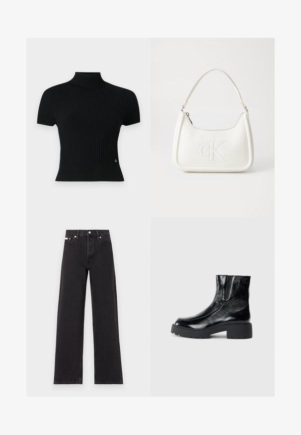Top preto de mangas curtas em ribana, com um pescoço alto, apresentando uma silhueta ajustada e um discreto detalhe de logótipo na cintura.; Jeans de perna larga pretos feitos de denim, apresentando uma cintura alta, estilo de cinco bolsos e um fecho em botão de metal com costura contrastante.; Botas de tornozelo pretas com acabamento em pele envernizada brilhante, sola de borracha preta robusta e salto elevado; inclui um detalhe discreto do logótipo na lateral.; Mala de mão branca em pele com uma forma curva, apresentando um logo "CK" em relevo na frente e uma alça de ombro única. Fecho com zíper na parte superior.
