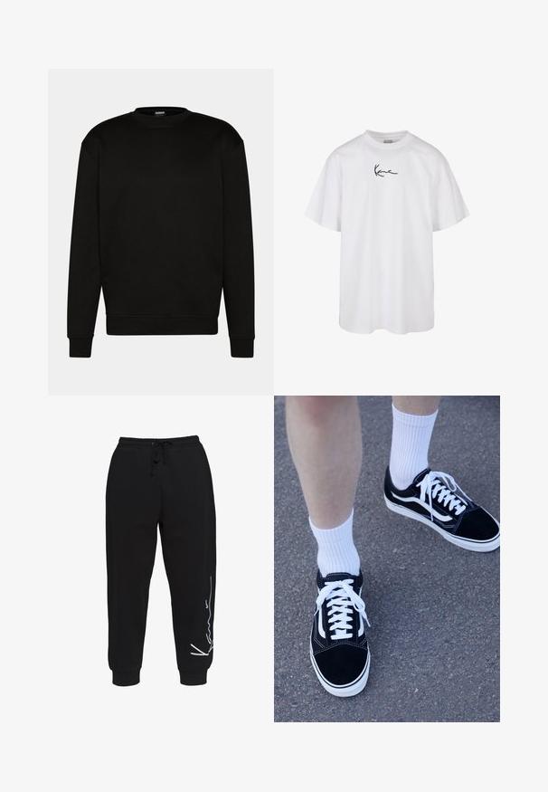 Felpa nera con colletto rotondo, maniche lunghe e polsini a costine. Realizzata in tessuto morbido, presenta un design semplice e pulito, senza motivi.; T-shirt bianca in cotone con scollatura tonda e maniche corte, con un logo ricamato nero centrato sul petto.; Pantapalotti neri in cotone, con vita elasticizzata e cordoncino, gamba affusolata e un design di logo bianco sul lato sinistro.; Sneaker in suede nera con dettagli e lacci bianchi, abbinate a calze corte bianche a coste, posizionate su una superficie grigia texturizzata.