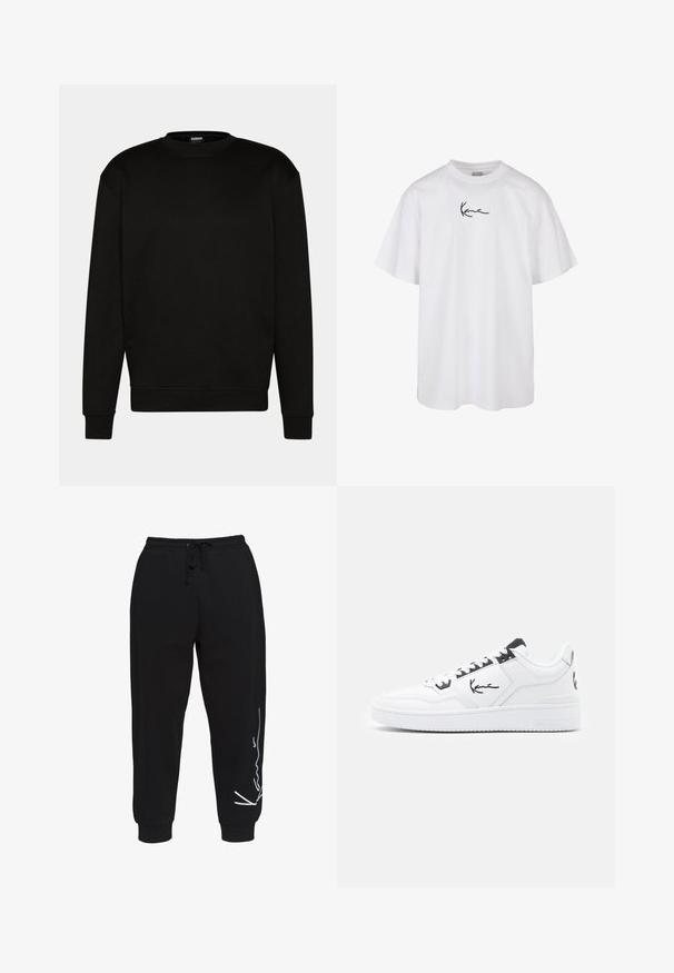 Mustat collegepaidat, joissa on pyöreä kaula-aukko, pitkät hihat ja ribbireunat. Valmistettu pehmeästä kankaasta, yksinkertainen ja siisti muotoilu ilman kuvioita.; Valkoinen puuvillapaita, jossa on pyöreä kaula-aukko ja lyhyet hihat, ja musta brodeerattu logo keskellä rintaa.; Mustat collegehousut, jotka on valmistettu puuvillasta. Niissä on joustava vyötärö, jossa on nyöri, kapenevat lahkeet ja valkoinen logokuviointi vasemmalla puolella.; Valkoinen nahkakenkä mustilla yksityiskohdilla, jossa on allekirjoituslogo sivussa, pyöreä kärki ja teksturoitu kumipohja.