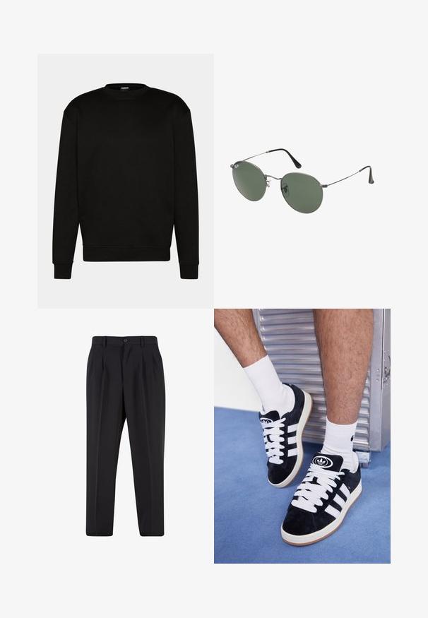 Fekete pulóver kerek nyakkal, hosszú ujjal és bordás mandzsettával. Puha anyagból készült, egyszerű, letisztult dizájnnal, minta nélkül.; Fekete nadrág, pliszézett elejű dizájnnal, sima anyagból készült. Gombos záródás és övhurkok jellemzik; egyenes szabású.; Fekete velúr sportcipők fehér fűzőkkel és három fehér csíkkal. A nyelvén egy kör alakú fekete logó található, valamint egy gumis talp.; Fémkeretes napszemüveg ovális zöld lencsékkel. Vékony ezüst színű fémkeret és fekete fülrész. Minimalista dizájn, látható logók nélkül.