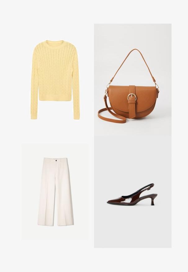 Jasnożółty sweter robiony na drutach z okrągłym dekoltem, z podłużnym wzorem w warkocz i długimi rękawami, wykończony prążkowanym dołem.; Kremowe spodnie szerokie z dopasowanym krojem, z dwoma przednimi kieszeniami i pojedynczym zapięciem na guzik z przodu, wykonane z gładkiego materiału.; Brązowe lakierowane skórzane buty na obcasie typu slingback z ostrym noskiem i umiarkowanym obcasem. Posiadają pasek z klamrą dla zapewnienia stabilnego dopasowania. Gładka tekstura.; Brązowa skórzana torba na ramię o zaokrąglonym kształcie, ze złotymi akcentami i zapięciem w formie klamry. Posiada odpinany pasek na ramię.