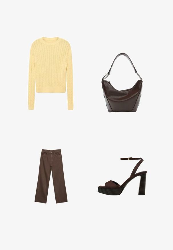 Jasnożółty sweter robiony na drutach z okrągłym dekoltem, z podłużnym wzorem w warkocz i długimi rękawami, wykończony prążkowanym dołem.; Szerokie brązowe dżinsy wykonane z denimu, z wysokim stanem, przednimi kieszeniami i klasycznym zapięciem na guzik. Gładka faktura z subtelnym przeszyciem.; Brązowe zamszowe sandały na wysokim obcasie z odkrytymi palcami, regulowanym paskiem na kostce i paskowatą podeszwą.; Ciemnobrązowa skórzana torebka o zaokrąglonym kształcie, zamykana na zamek błyskawiczny, z krótkim uchwytem. Posiada metalowe elementy i ozdobne czarne guziki po bokach.
