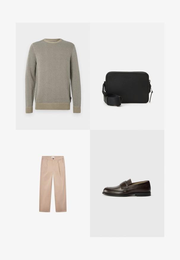 Pullover sweater in beige and black houndstooth pattern, featuring a crew neck, ribbed cuffs, and a textured finish.; Khaki trousers made of cotton with a straight-leg design, featuring two front pockets, a button fastening, and a classic fit.; Calvin Klein Slip-ons - cocoa brown; Black leather crossbody bag with a textured finish, rectangular shape, top zipper closure, and adjustable strap. Features subtle branding.