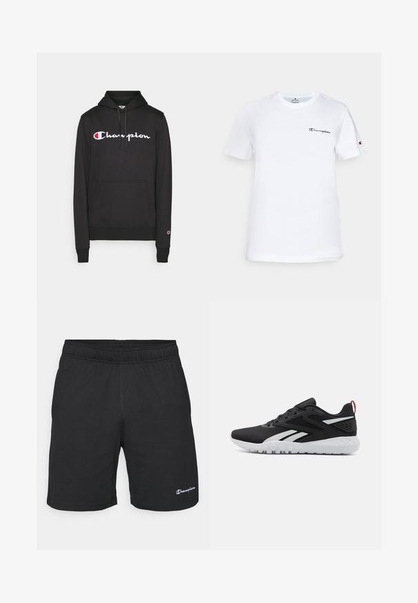 Sweat-shirt à capuche noir en mélange de coton, avec un logo central Champion en blanc et rouge, et une poche kangourou à l'avant.; T-shirt en coton blanc avec un col rond, des manches courtes et un logo "Champion" brodé en noir sur la poitrine et en accent sur la manche.; Shorts de sport noirs avec une taille élastique, fabriqués en tissu doux, comportant un petit logo blanc sur le bas à gauche.; Chaussures de sport noires avec une tige en maille, des accents blancs, une semelle texturée et un onglet de talon rouge pour plus de détails.