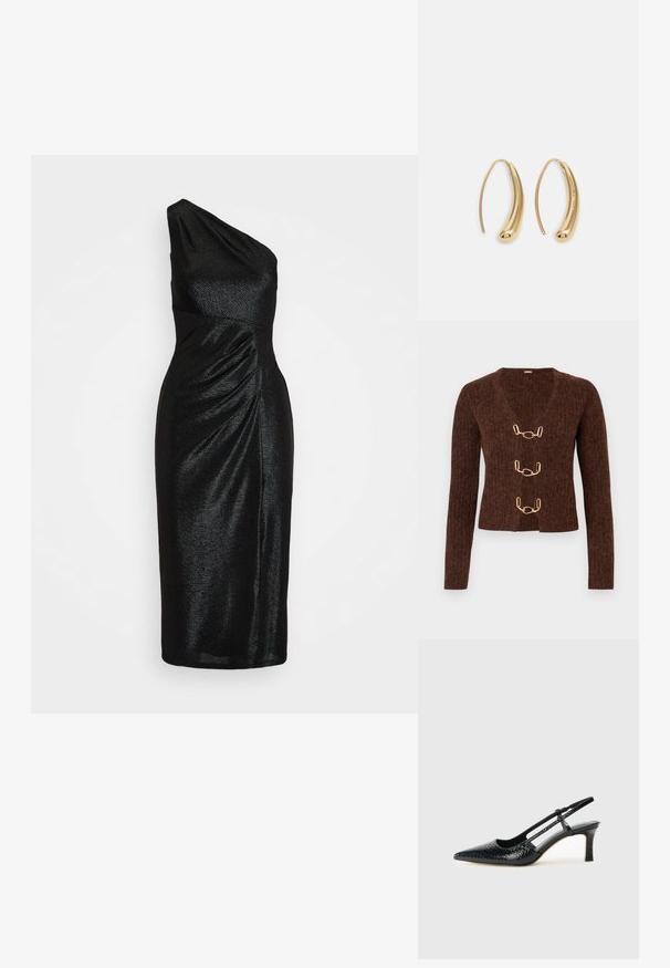Cult Gaia ADEL CARDIGAN - Neuletakki - java; Lauren Ralph Lauren RUDRANIMETALLIC ONE SHOULDER COCKTAIL DRESS - Juhlamekko - black; Musta patent slingback-kiilakorko teräväkärkisellä muotoilulla, jossa on teksturoitu käärmeennahkakuosi, säädettävä remmi ja lyhyt, teksturoitu blokkiheel.; Musta nahkainen olkalaukku, jossa on kaksi etutaskua, kultaiset soljet, vetoketjukiinnitys ja kapea hihna. Teksturoidun pinnan ja kompaktin suorakaiteen muoto.; Korvakorut kultasävytteistä metallista, joissa on kaareva, pitkänomainen muoto. Ominaisuuksiin kuuluu sileä, kiiltävä pinta ja pyöreä kärki lisäyksinä.
