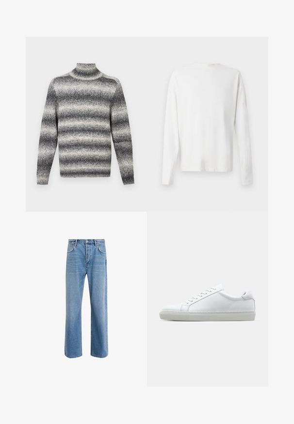 Grijs en wit gestreepte coltrui met een geribbelde hals, biedt een zachte textuur en standaard lange mouwen.; Witte katoenen blouse met lange mouwen en een ronde halslijn, met zijsplitten aan de onderkant en een gladde textuur, vanuit de achterkant weergegeven.; Lichtblauwe denim jeans met een straight-leg ontwerp, vijf zakken, knoopsluiting, minimale vervaging en contrasterende stikseldetails.; Witte sneaker met een gladlederen bovenwerk en een laag profiel. Voorzien van een ronde neus, zes vetergaatjes en een gestructureerde rubberen zool.
