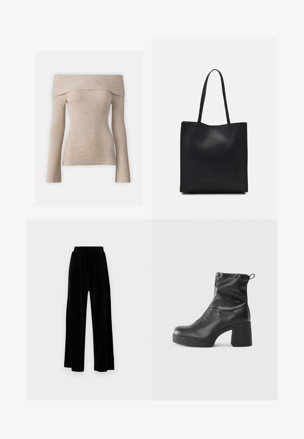 Bež off-shoulder ribirohvega kampsuni, millel on pikad varrukad, esitades sobiva disaini ja tekstureeritud kangast. Sile viimistlus koos looduslike värvitoonide variatsiooniga.; Mustad laiad püksid, mis on valmistatud pehmest sametist, elastse vöökoha ja siledaga, ilma nähtavate detailide või mustriteta.; Mustad mustad ansapüksid, mis on valmistatud siledast nahast, külje zipperiga, paksu tekstuuriga kontsaga ja ümmarguse nina disainiga.; Mustast nahast kott sujuva tekstuuriga, ristkülikukujuline ja kahe pika sangaga. Pole nähtavat riistvara ega kaunistusi.