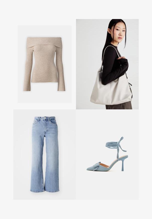 Beige off-shoulder ribbed sweater with long sleeves, featuring a fitted design and textured fabric. Smooth finish with natural color variation.; Light blue high-waist wide-leg jeans with front and back pockets, button closure, and subtle fading on the thighs and hems.; Pointed-toe high heel shoe in light blue fabric with a textured finish, featuring a bow accent and ankle strap for secure fit.; Beige handbag made of soft material, featuring a slouchy design, stitched detailing, and two shoulder straps. Suitable for everyday use.