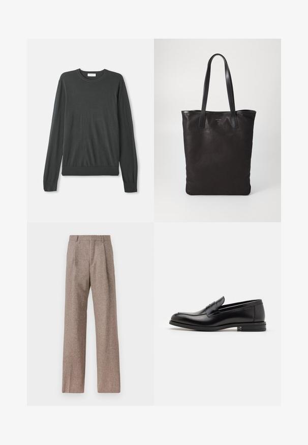 Donkergrijze lange mouw gebreide trui met een ronde halslijn, aansluitende manchetten en een geribbelde zoom. Glad textuur zonder zichtbare patronen of versieringen.; Bruine, hooggewaisted broeken van een gestructureerde stof. Heeft wijde benen en twee voorplooien voor extra structuur. Net afgewerkt zonder zichtbare hardware.; Zwarte leren instappers met een gladde textuur, ronde neus en een decoratieve band over de wreef. Lage, gestapelde hak en minimalistisch ontwerp.; Zwarte canvas schoudertas met zwarte leren handvaten. Eenvoudig ontwerp, ruime body en een gladde textuur. Geen zichtbare logo's of patronen.
