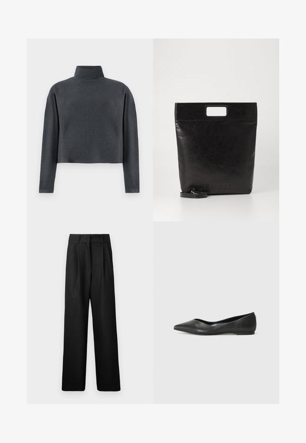 DRYKORN ASIRAL - Sweatshirt - grey; Pantalons larges noirs avec une texture lisse, dotés de plis avant et d'une taille haute. Fabriqués en tissu léger.; Ballerines en cuir noir avec un bout pointu, un talon bas et une texture lisse. Design minimal avec une subtile accent latéral.; Sac fourre-tout en cuir noir avec une poignée carrée, arborant une finition texturée et un logo en relief. Comprend une bandoulière amovible.