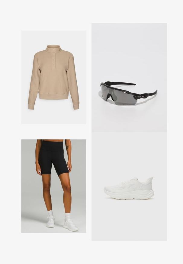 Beige tröja med en strukturerad stickad yta, hög krage och fyra knappar vid halsringningen. Åtsittande muddar och nederkant i kontrast mot slätt tyg.; Svarta högmidjade cykelbyxor i elastiskt material, med en smal passform och längd till mitten av låret, kombinerat med vita sportskor och strumpor.; Vit löparsko med en texturerad meshovandel, vadderad krage, tjock mellansula och gummiyttersula. Har logotypdetalj på sidan.; Svarta sportsolglasögon med en elegant design, omgerande linser, gråtonade linser och texturerade svarta tempelarmar. Inga synliga logotyper.