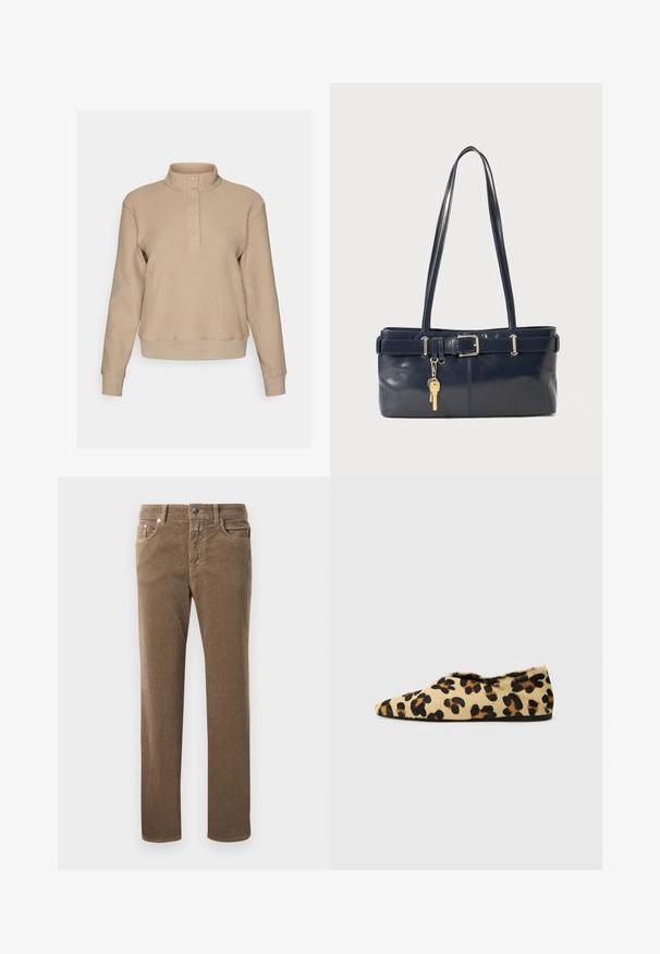Beżowy sweter z teksturowaną dzianiną, wysoki kołnierz i cztery guziki przy dekolcie. Dopasowane mankiety i dolny brzeg w kontraście z gładkim materiałem.; Brązowe nogawki w prążki proste z przednimi kieszeniami, szlufkami na pasek i zapięciem na guzik na białym tle.; Płaskie buty w panterkę z miękkiego futra, z charakterystycznym stożkowym noskiem i niskim profilem. Naturalne odcienie z czarnymi akcentami.; Granatowa skórzana torebka z dwoma długimi uchwytami, detalem w postaci klamry oraz dołączonym breloczkiem. Charakteryzuje się gładką teksturą i prostokątnym kształtem.