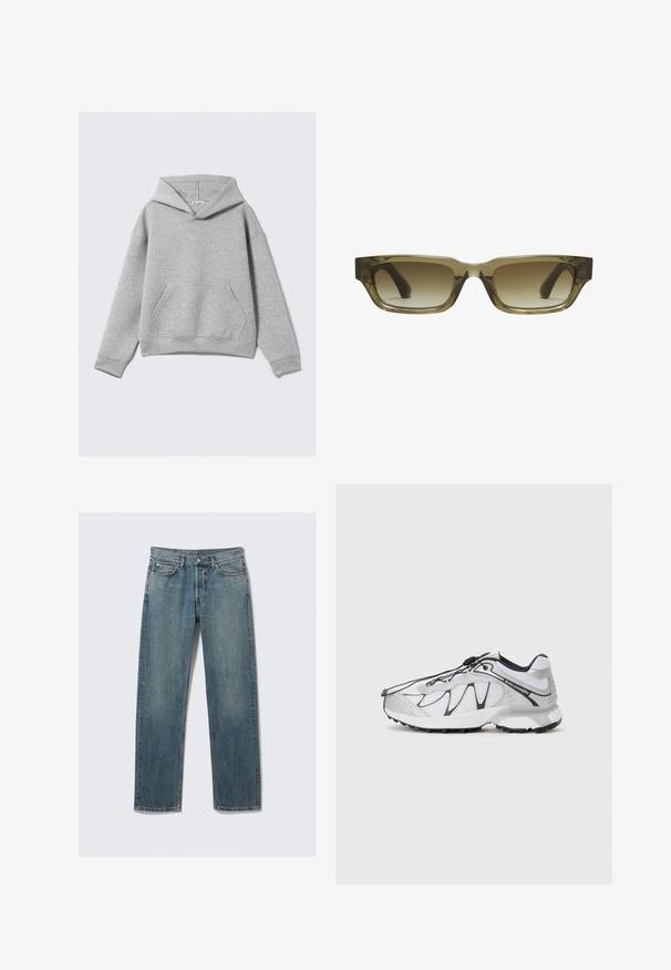 Grey cotton hoodie featuring a front pocket, relaxed fit, and a drawstring hood with a ribbed hem and cuffs. Smooth texture, minimal design.; Blue straight-leg denim jeans with front and coin pockets, belt loops, and a metal button closure on a plain background.; White athletic shoes with a mesh upper, black accents, textured rubber sole, and elastic lacing system. Lightweight with a modern design.; Brown gradient sunglasses with a rectangular shape, thick chunky frames, and black temples. Transparent brown material adds dimension.