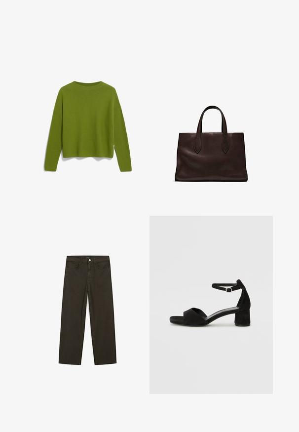 ARMEDANGELS MERINAA - Strickpullover - dark moss; Dunkelgrüne Jeans im weit geschnittenen Style, hergestellt aus einem Baumwollgemisch. Sie verfügen über einen Frontknopfverschluss, fünf Taschen und klassische Denim-Nähte.; Schwarze Wildleder-Espadrilles mit einem dünnen Knöchelriemen, offener Zehenpartie und moderatem Blockabsatz. Glatte Textur und minimale Akzente.; Braune Ledertasche mit zwei langen Griffen, strukturierte rechteckige Form, glatte Textur und dezente Nähdetails.