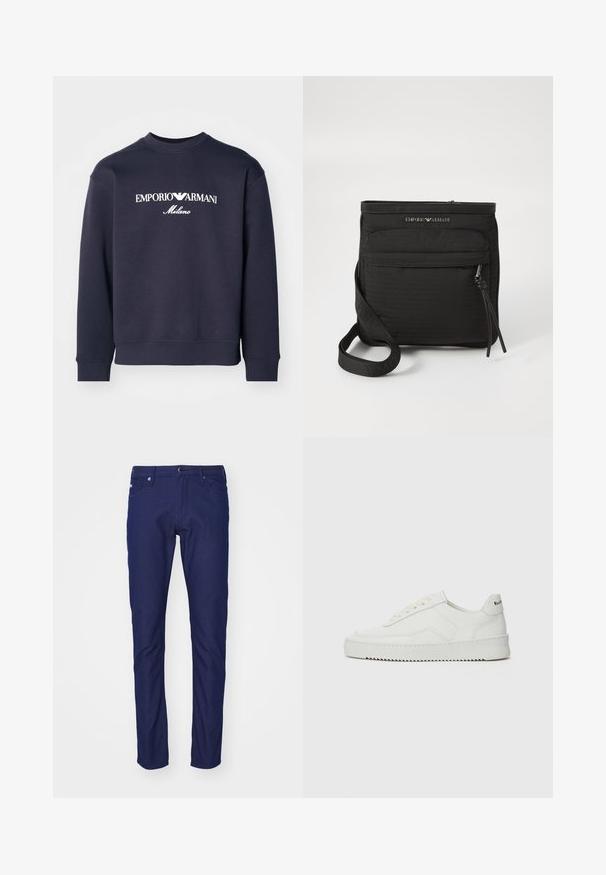 Mørkeblå sweatshirt med lange ærmer, ribbede manchetter og rund hals. Har hvite logoer "EMPORIO ARMANI" og "Milano" på forsiden.; Mørkeblå slim-fit jeans laget av denim, med knappelukking, fem-lommers design og subtil tekstur med en glatt finish.; Hvite lærersneakers med en jevn overflate, rund tå, flate lisser og en teksturert såle. Har en subtil logo på hælen.; Svart Emporio Armani crossover-veske med frontlomme med glidelås, justerbar stropp og logo-detalj på teksturert stoff.