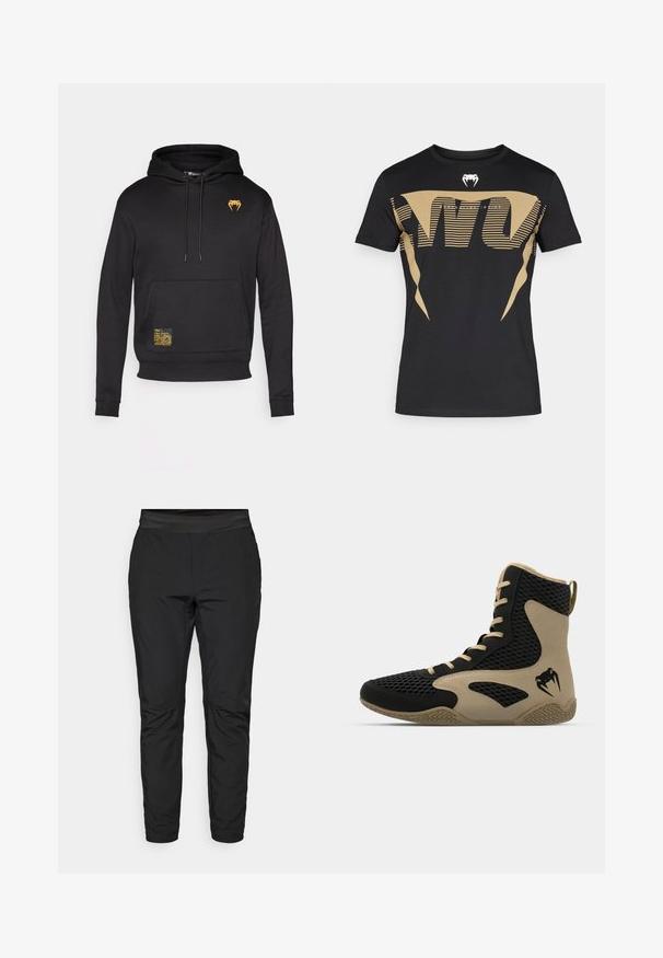 Felpa nera con cappuccio in morbido tessuto, dotata di tasca frontale, cappuccio regolabile e un logo dorato sul petto con un'etichetta gialla texturizzata.; Maglietta nera in cotone con un grande e audace motivo grafico dorato a strisce e logo cobra sul petto. Taglio classico con scollo rotondo.; Pantaloni neri elasticizzati con un design aderente, vita elastica e tasche con zip. Texture liscia con una finitura leggermente lucida.; Scarpa sportiva alta con esterno in rete nera e dettagli color beige. Suola in gomma testurizzata e logo sul lato.