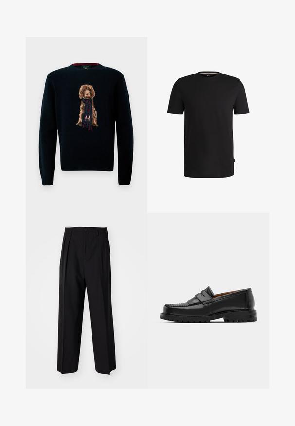Sweater de malha azul-marinho com um design detalhado de um cão com um cachecol. Textura suave, decote redondo e punhos e barra canelados.; T-shirt preto de manga curta feito de algodão suave com decote redondo. Apresenta uma etiqueta discreta da marca do lado esquerdo perto da bainha.; Calças pretas plissadas com um design reto e de perna larga. Feitas de um tecido liso, apresentam um fecho de botão e passantes para cinto.; Os mocassins de couro preto apresentam uma costura elevada, duas tiras decorativas na parte superior e uma sola grossa e texturizada para maior aderência.