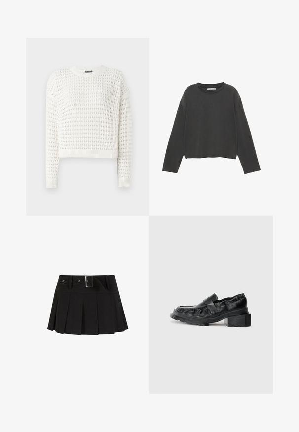 Weißer Strickpullover mit strukturiertem Muster, rundem Halsausschnitt, langen Ärmeln sowie gerippten Bündchen und Saum. Verkürztes Design.; Schwarz geschnittenes Langarm-T-Shirt aus weichem Baumwollmaterial. Verfügt über einen runden Halsausschnitt und sichtbare Nähte entlang der Nähte.; Schwarzer plissierter Rock mit einem Gürtel. Aus einem glatten Stoff gefertigt, mit einer silbernen Schnalle und einem strukturierten Bund für zusätzlichen Stil.; Schwarze Lederloafer mit einer strukturierten Sohle, die über einen leicht erhöhten Blockabsatz und ein strukturiertes Obermaterial verfügen, das mit einem vorderen Riemen gesichert ist.