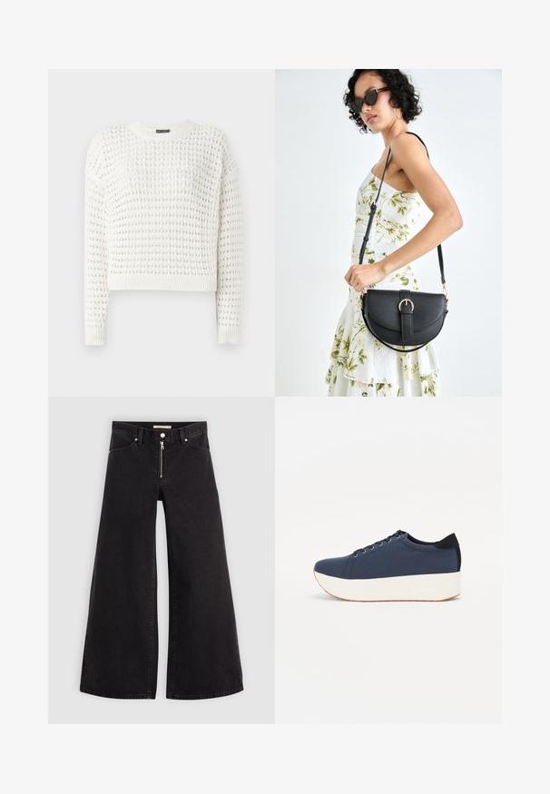 White knitted sweater featuring a textured pattern, round neckline, long sleeves, and ribbed cuffs and hem. Cropped design.; Wide-leg jeans in black denim with a zippered front, five-pocket design, and subtle stitching details. Smooth texture and casual style.; Navy blue sneaker with a textured fabric upper, white platform sole, rounded toe, and black heel accent. Features six eyelets for laces.; Black leather handbag with a curved shape, detachable strap, and gold hardware. The bag features a flap with a buckle detail.