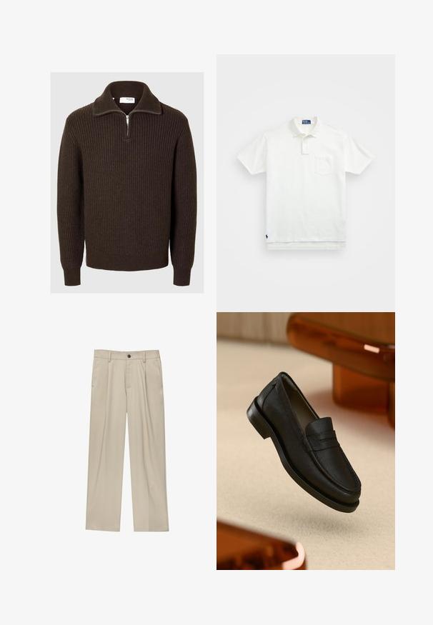 Selected Homme HALF-ZIP - Strickpullover - chocolate torte; Weißes Poloshirt aus Baumwolle, mit klassischem Kragen, Drei-Knopf-Leiste und einer linken Brusttasche; kleines Logo am Saum.; Beige Hosen mit geradem Schnitt, ausgestattet mit einem einzelnen schwarzen Knopf, Gürtelschlaufen und Seitentaschen. Glatte Stofftextur und minimalistisches Design.; Schwarzer Lederloafer mit strukturierter Oberfläche, einer abgesteppten Naht und Gummisohle. Auf einer hellen Fläche liegend.