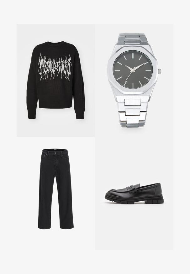 Zwarte gebreide trui met een witte grafische ontwerp met scherpe, gekartelde randen over de borst. Ronde hals en geribbelde manchetten.; Zwarte recht gesneden denim jeans met knoop- en ritssluiting, riemlussen en voor- en achterzakken.; Zwarte leren instappers met een gladde afwerking, voorzien van een voorste banddetail en een stevige rubberen zool met gegroefde accenten.; Zilveren analoge horloge met een achthoekige kast, grijze wijzerplaat, zilveren uurmarkers en een bracelet van roestvrij staal. Minimalistisch ontwerp met een gladde textuur.