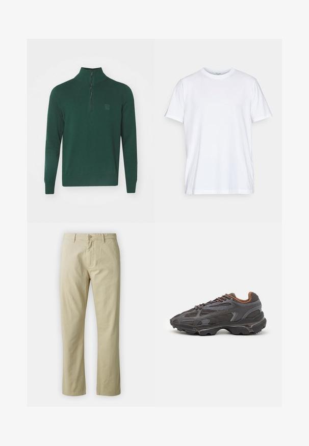 Pulôver verde de malha com colarinho alto e zíper de um quarto. Apresenta punhos e bainha canelados, além de um pequeno patch de logotipo no peito.; T-shirt de algodão branco com mangas curtas, decote redondo e um corte descontraído. Apresenta um design minimalista, sem padrões nem detalhes.; Calças de algodão bejes com um design de perna reta, fecho frontal com botão e passantes para cinto. Textura suave, sem padrões ou detalhes visíveis.; Ténis Lacoste em cinza-escuro com material em malha e sintético, apresentando uma sola texturizada e detalhes castanhos na gola e na marca.