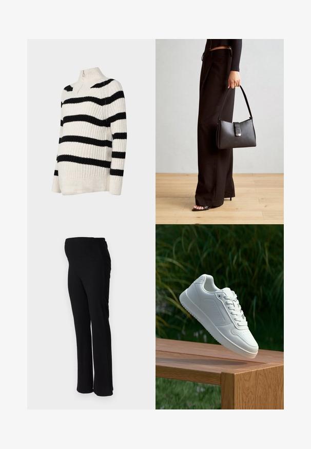 Gestreepte sweater met een hoge kraag, gemaakt van gebreide stof in crème met zwarte horizontale strepen, ribbelstructuur en een halve rits.; ONLY MATERNITY OLMHALLE - Broek - black; Witte sneaker met een gladde synthetische bovenkant, geperforeerde neus, platte veters en een gestructureerde zool, tentoongesteld op een houten oppervlak.; Zwarte handtas met gestructureerde vorm, gladde textuur en een metalen sluiting. Gecombineerd met brede zwarte broeken en sandalen met open teen op een houten vloer.