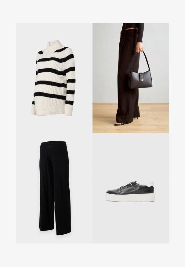 Stribet sweater med høj krave, lavet af strikket stof i cremefarve med sorte vandrette striber, ribbet tekstur og en halv-lynlås lukning.; Sorte bredbenede bukser med en elastisk talje og en glat, strækbar tekstur. Har et enkelt design uden mønstre eller udsmykninger.; Kennel + Schmenger BANG - Sneakers - schwarz/bianco; Sort håndtaske med struktureret form, glat overflade og metalspænde. Sammen med brede sorte bukser og sandaler med åben tå på trægulv.