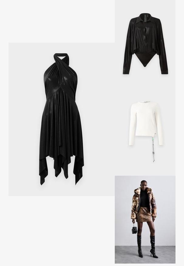 Baltas ilgomis rankovėmis, su apvalia apykakle ir žaliai juodu akcentuojančiu virvutės dekoru šone, leidžiančiu pritaikyti.; Juoda halter suknelė su drapiruotu dizainu. Pagaminta iš blizgaus medžiagos, turi sukurtą iškirptę ir asimetrišką apačią. Sklandi tekstūra.; Juodas bodžiukas su ilgomis rankovėmis, V formos iškirpte ir prigludusia siluetu. Pagamintas iš blizgaus, lygaus audinio su struktūrizuotu apykakle ir rankogaliais.; Pūkuotas džemperis su rudos ir juodos spalvų raštu, derinamas su rudą gyvatės rašto mini sijonu, juodais ilgaauliais batais iki kelių ir mažyte juoda rankine.