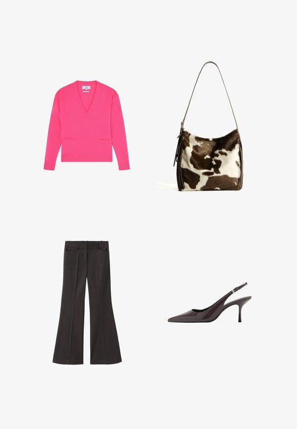 Fuchsia pink v-neck sweater, made of soft material, featuring two front pockets and ribbed cuffs and hem. Simple, modern design.; Black flared trousers with a high waist; features two front pockets and a smooth fabric texture. Suitable for various occasions.; Pointed toe slingback heels in dark brown patent leather, featuring a slender high heel and an adjustable ankle strap with a buckle.; Brown and cream cowhide shoulder bag with a smooth leather strap, zip closure, and a soft, textured surface featuring a natural pattern.