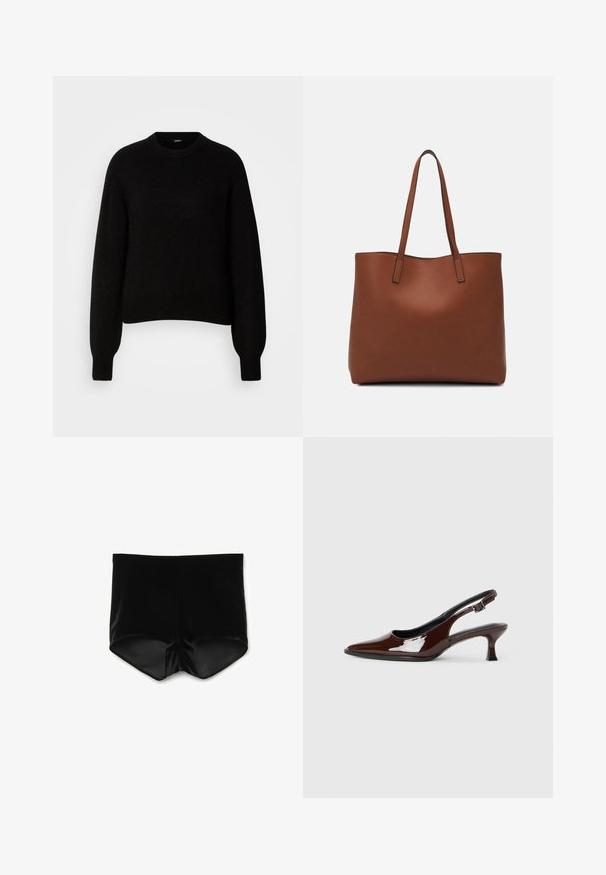 Black knitted sweater with a round neckline and long, slightly loose sleeves. Ribbed cuffs and hem. Soft texture, boxy fit.; Black velvet shorts with a smooth texture, featuring a fitted design and a low waist. The edges are cleanly finished without embellishments.; Brown patent leather slingback shoe with a pointed toe and a moderate heel. Features a buckle strap for secure fit. Smooth texture.; Brown leather tote bag with a smooth texture, open top design, and two shoulder straps. Features minimal stitching and no visible hardware.