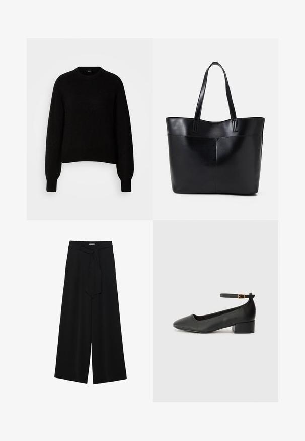 Black knitted sweater with a round neckline and long, slightly loose sleeves. Ribbed cuffs and hem. Soft texture, boxy fit.; Black wide-leg pants featuring a textured fabric, an elastic waistband, and a detachable sash tie at the waist for adjustable fit.; Black leather pump with a pointed toe and a low block heel. Features an ankle strap with a gold-tone buckle. Smooth texture.; Black leather tote bag with two long handles, a smooth texture, and a structured shape. Features a front pocket for additional storage.