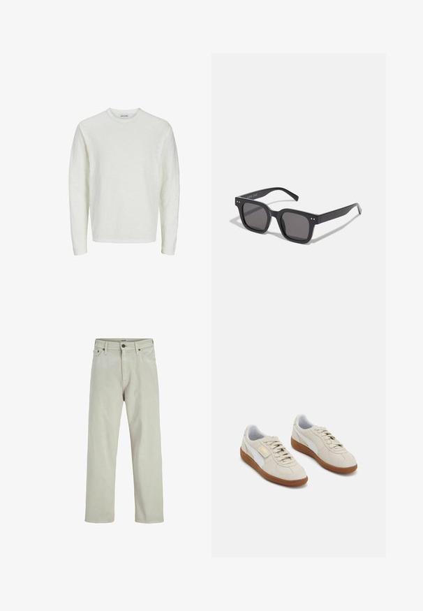 Langarmshirt in off-white, van textuurstof. Ronde halsontwerp met naadloze schouders en rechte zoom. Geen zichtbare patronen of accenten.; Licht beige denim jeans met een recht model, vijf-pocket stijl en een knoopsluiting bij de taille, met minimale stikdetails.; Beige suède sneakers met witte leren accenten en bruine rubberen zolen. Voorzien van een ronde neus, veters en een gouden logo aan de zijkant.; Zwarte rechthoekige zonnebril met donkere lenzen, voorzien van een dik montuur, subtiele accenten aan de zijkanten en zonder zichtbare logo's behalve de merknaam.