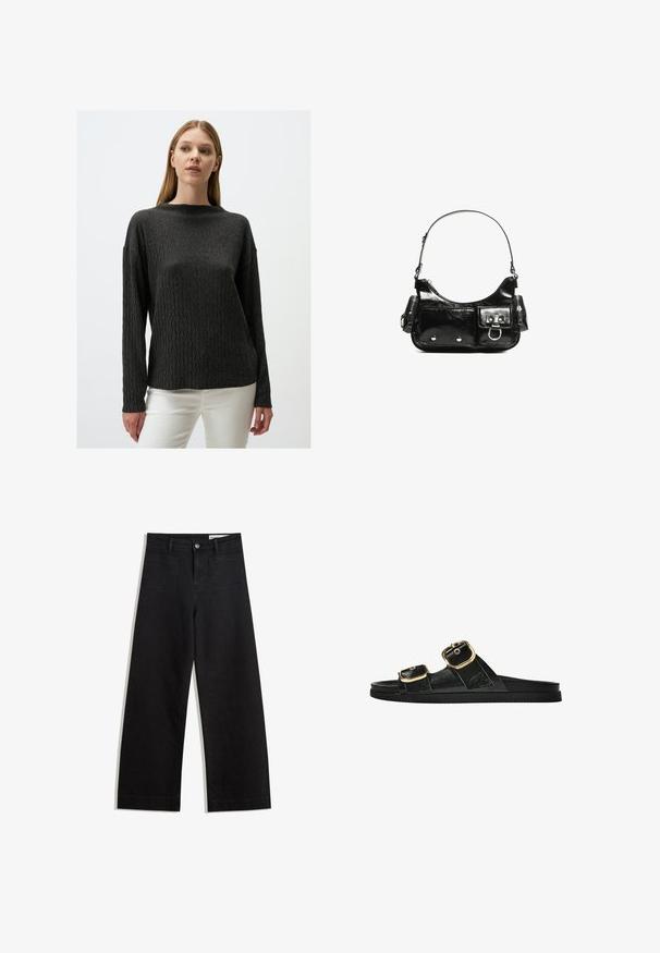 Charcoal-grauer gestrickter Pullover mit einem strukturierten Zickzackmuster, langen Ärmeln und einem Rundhalsausschnitt. Getragen über weißen Hosen.; Schwarze weit geschnittene Jeans mit hoher Taille, ausgestattet mit Vorder- und Hintertaschen, gesteppten Nähten und einem Knopfverschluss. Glatte Textur.; Schwarze Riemensandale mit zwei goldenen Schnallendetails, glattem Material, flachem Sohlen und minimalistischer Gestaltung.; Schwarze Lackleder-Handtasche mit geschwungenem Design, einem Schulterriemen, Vordertaschen und silberfarbenen Hardware-Akzenten.