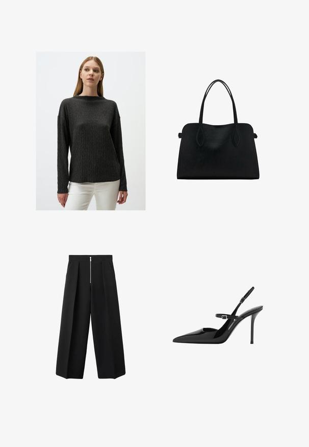 Charcoal-grauer gestrickter Pullover mit einem strukturierten Zickzackmuster, langen Ärmeln und einem Rundhalsausschnitt. Getragen über weißen Hosen.; Schwarze weit geschnittene Hose mit vorderen Falten und einem sichtbaren silbernen Reißverschlussverschluss an der Taille, flacher Front und seitlichen Taschen.; Schwarze Lackleder Slingback-High Heels mit spitzem Zeh, verstellbarem Riemen und Stiletto-Absatz. Glatte Oberfläche mit glänzendem Finish.; Schwarze Lederhandtasche mit zwei Schulterriemen, rechteckiger Form und minimalistischem Design auf weißem Hintergrund.