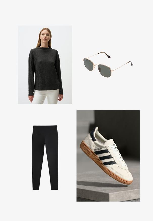 Sweter w kolorze węgla drzewnego, dziany, z teksturowanym wzorem w zygzaki, długimi rękawami i okrągłym dekoltem. Noszony na białych spodniach.; Czarne legginsy wykonane z elastycznej tkaniny, z wysokim stanem i gładką fakturą, zaprojektowane dla wygody i elastyczności.; Białe zamszowe sneakersy z granatowymi paskami, gumową podeszwą, teksturowaną górą, okrągłym noskiem i sznurowaniem; posiadają logo po boku i na języku.; Złote okulary przeciwsłoneczne w stylu aviatora z ciemnozielonymi soczewkami, z wąskimi ramionami i akcentami w panterkę na końcach.