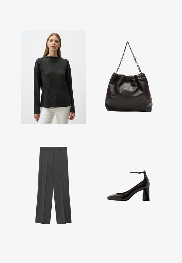 Sweter w kolorze węgla drzewnego, dziany, z teksturowanym wzorem w zygzaki, długimi rękawami i okrągłym dekoltem. Noszony na białych spodniach.; Szare spodnie szerokie w nogawkach o gładkiej fakturze, z plisowanym przodem i szlufkami na pasek. Wykonane z lekkiego, tkane materiału.; Czarne, lakierowane szpilki z zapięciem na kostce o błyszczącym wykończeniu, z wydłużonym noskiem i grubym obcasem. Gładka struktura, minimalne detale.; Brązowa skórzana torba z marszczonym szczytem i łańcuszkowym paskiem. Gładka tekstura z błyszczącym wykończeniem i subtelnymi detalami szwów po bokach.