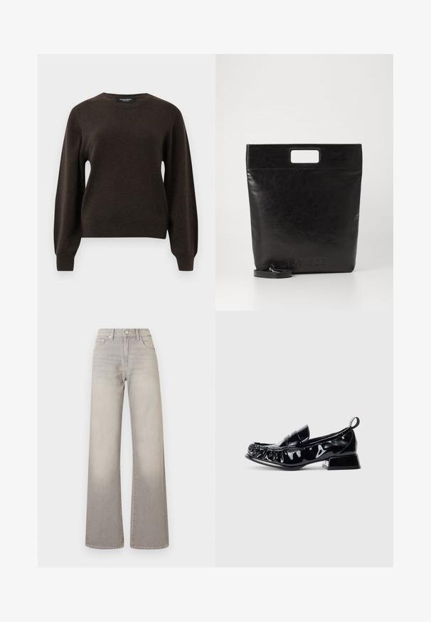 Dark brown long-sleeve crew neck sweater with ribbed cuffs and hem, displayed on a plain light gray background.; Gray wide-leg jeans with a faded finish, button closure, five-pocket design, and stitched detailing along the seams.; Black patent leather loafer with square toe, gathered detailing, low block heel, and pull tab at the back on a white background.; Black leather tote bag with a square handle, featuring a textured finish and embossed logo. Includes a detachable strap.