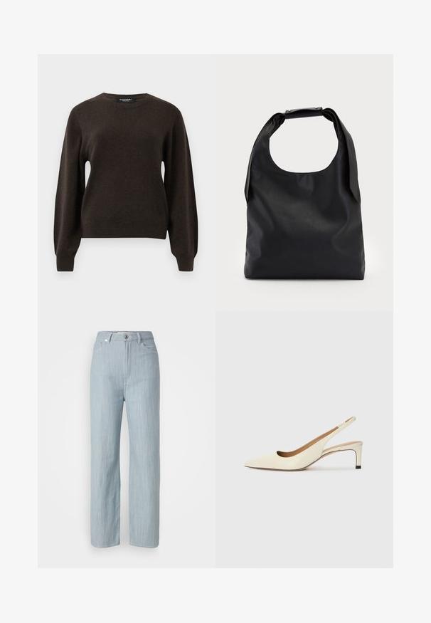 Maglione a maniche lunghe color marrone scuro con collo a giro, dotato di polsini e orlo a costine, esposto su uno sfondo grigio chiaro uniforme.; Jeans dritti blu chiaro in denim. Presentano cinque tasche, una chiusura con bottone in metallo e leggere sfumature per aggiungere texture.; Scarpa slingback a punta in pelle bianca sporca, caratterizzata da un tacco basso e un design con ritagli, dal texture liscia e con accenti minimi.; Borsa hobo in pelle nera con un manico unico, morbido e arrotondato; presenta una texture liscia e un design minimalista. Nessun hardware o accenti visibili.