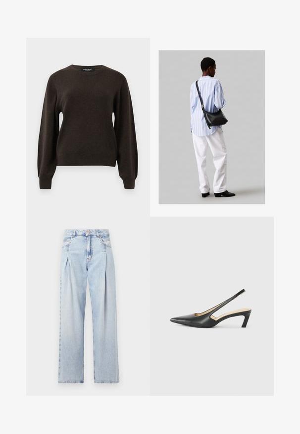Tamsiai ruda ilgaamžė megztinė su apvalia iškirpte, su raukiniais ant rankovių ir apačios, rodoma ant šviesiai pilko fono.; Šviesiai mėlyni džinsai su aukštu liemeniu, plačiomis kojomis, dviem šoninėmis kišenėmis ir raukinių dizainu. Minkšta tekstūra su nudilusia apdaila.; Juodas smailus slingback batelis su žemu kulnu, pagamintas iš lygaus odos paviršiaus ir su išpjovomis šone, užtikrinančiomis oro pralaidumą.; Juodas odinis petinis krepšys su minkšta tekstūra, trikampiu pavidalu ir reguliuojama juosta, derinamas su šviesiai mėlynu dryžuotu marškinėliu ir baltais džinsais.