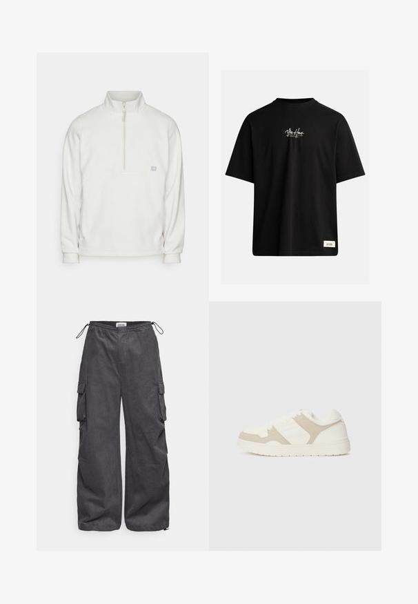 Sudadera de forro polar blanca con cuello de media cremallera. Presenta un panel rectangular en el pecho y un pequeño logo en el lado izquierdo. Textura suave.; Camiseta negra de manga corta hecha de algodón. Presenta un pequeño logo blanco en el pecho y una etiqueta rectangular en la esquina inferior derecha.; Pantalones cargo grises con una tela texturizada, cinturilla elástica, cordón y detalles en los bolsillos laterales. Ajuste holgado con piernas anchas.; Zapatilla blanca y beige que combina texturas lisas y de ante, puntera redonda, cierre de cordones y suela de goma plana.