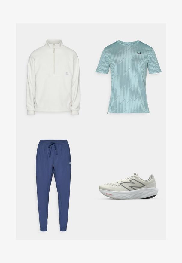 White fleece pullover with a half-zip collar. Features a rectangular chest panel and a small logo on the left side. Soft texture.; Light blue short-sleeve shirt made from breathable fabric. Features diagonal ribbed patterns and a small black logo on the chest.; Navy blue athletic pants with an elastic waistband, drawstring, and tapered cuffs. Features side pockets and a small logo on one leg.; Running shoe in white with gray accents. Mesh upper, textured sole, and prominent "N" logo. Features a padded collar and "Fresh Foam" label.